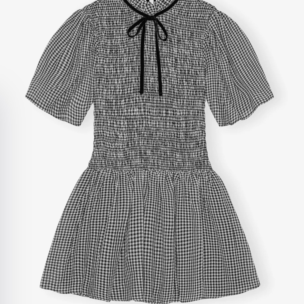 Ganni Black and White Gingham Smocked Mini Dress